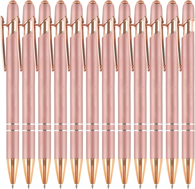 Ballpoint Pens with Stylus Tips,12 Pcs Rose Gold Retractable Metal Stylus Pen for Touch Screens, 1.0 mm Black Ink