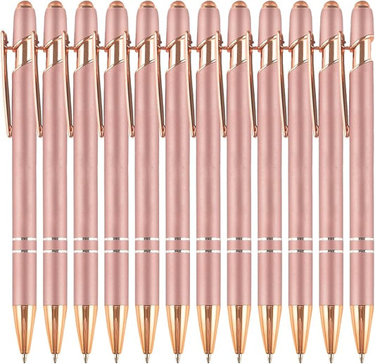 Ballpoint Pens with Stylus Tips,12 Pcs Rose Gold Retractable Metal Stylus Pen for Touch Screens, 1.0 mm Black Ink