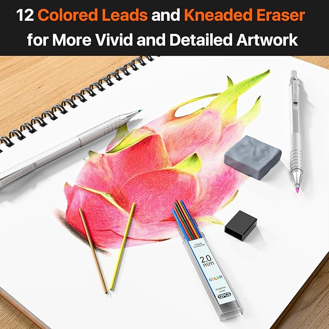 Four Candies Metal Mechanical Pencil Set, 3PCS Art Drafting Pencils 0.5, 0.7, 0.9MM & 2PCS 2MM Mechanical Drawing Pencils with 420PCS Leads (4B 2B HB 2H Color) for Writing Sketching Drawing (Silver)