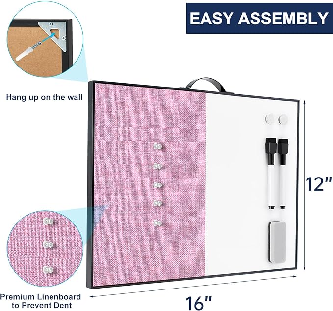 Small White Board Cork-Board Combo - 16 X 12 inches Pink Linen Board & Magnetic Dry Erase Board for Wall, Mini Bulletin Cork Board with Holder for Office, Home and School