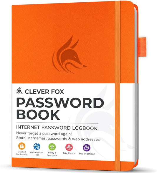 Clever Fox Password Book with Alphabetical tabs. Internet Address Organizer Logbook. Small Pocket Password Keeper for Website Logins (Orange)