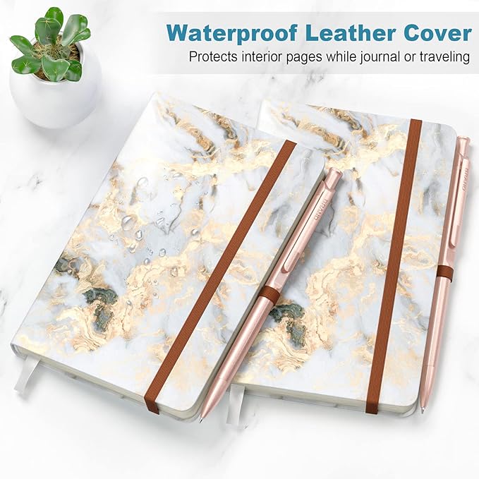 Small Notebook, Mini Pocket Journal A6 5.7" x 3.9", Leather Hardcover Journal with Pen Holder, 160 Thick Papers, Cute Lined Notebook Small Notepad for Women Writing Work Travel, White Marble