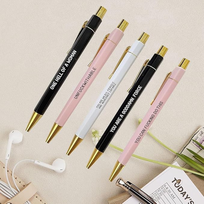 Funny pens,5-Count,Black Ink,Medium Nib 1.0mm,Funny Office Gifts for Coworkers,Personalized Pens Vibrant Funny Quotes Word Daily Pen (Motivational Pens)