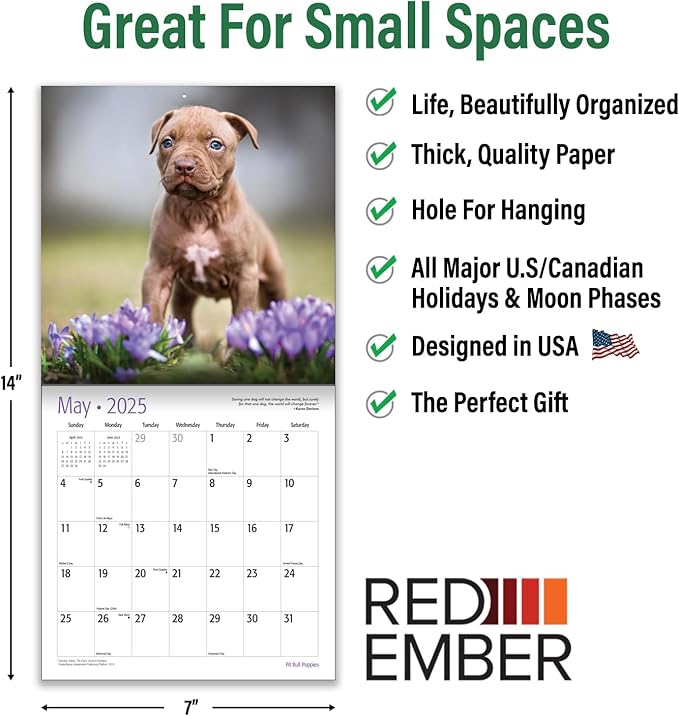 RED EMBER Pit Bull Puppies Mini 2025 Wall Calendar 12 Month | 7" x 14" Open | Thick & Sturdy Paper | Giftable | Calendar 2025