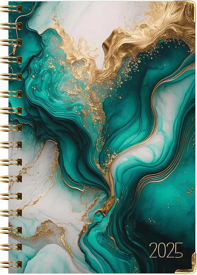 HARDCOVER 2025 Planner, 5.5"x8": 14 Months (November 2024 - December 2025), Daily Weekly Monthly Planner, Yearly Agenda, Bookmark, Pocket Folder and Sticky Note Set (Teal Gold Marble)