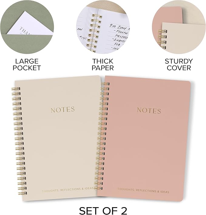 Aesthetic Spiral Notebook Set of 2 For Women and Men - Cute College Ruled 8x6 Bible Study Journal/Notebook with Pockets And Lined Pages - Perfect A5 Supplies to Stay Organized at Work or School