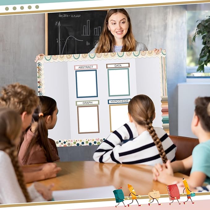 90 Pcs Science Fair Board Supplies 60 Trim Scalloped Bulletin Board Borders 24 Presentation Board Subtitles 6 Science Fair Titles for Classroom Display Boards(Boho)