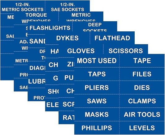 Tool Box Organization Magnetic Labels,Tool Chest Organizer Labels with Strong Magnets,Easy to Read Printing - Fits All Brands of Steel Tool Box Drawers,Blue-(72 Pcs, 4 x 1 Inches)