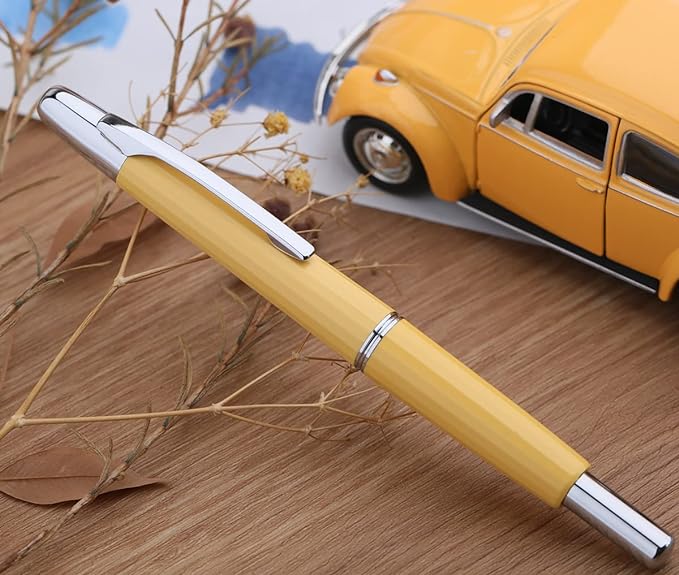 Majohn A2 Press Fountain Pen Extra Fine Nib with Box, Retractable Yellow Resin Ink Pen with Converter Writing Pen Set (Silver Clip Version)