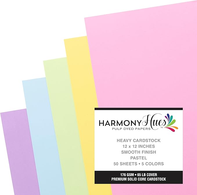 Cardstock 12 x 12 Paper Pack - 65lb Smooth Card Stock for Crafts, Cardmaking, Art Projects - 50 Square Scrapbook Sheets, 5 Assorted Colors - Double Sided with Solid Core, Pastel