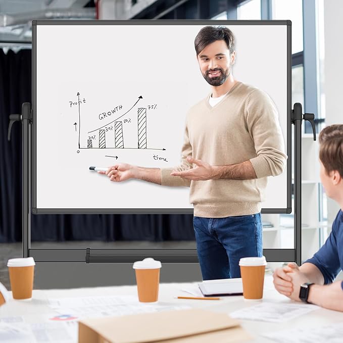 VIZ-PRO Double-Sided Magnetic Mobile Whiteboard, 48 x 36 Inches, Black Aluminium Frame and Stand