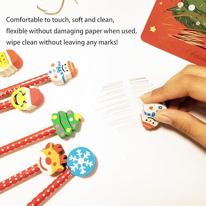 27PCS Pencils with Christmas Top Eraser for Kids,Pencils with Assorted Cartoon Color Stripe Erasers Topper for Kids School Supplies and Children Prize Gifts (27)