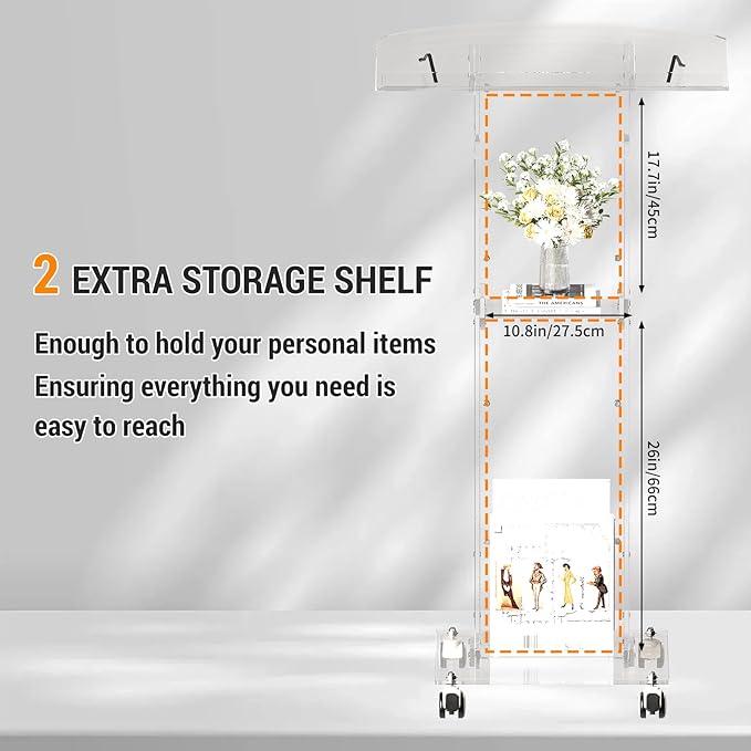 Acrylic Podium Stand,49“ Tall Portable Podium with Lockable Wheels, Clear lecterns & Podium with Storage Shelf for Classroom, Pulpit Podium for Church,Wedding,Presentation