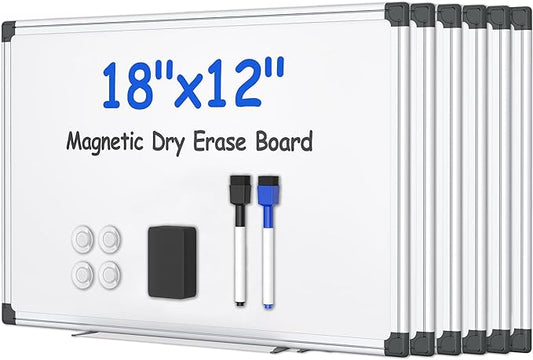 VUSIGN 6PCS Magnetic White Board Kit for Wall 18" x 12", 6 Dry Eraser & 12 Multicolor Markers & 24 Magnetic Pins, Sliver Reinforced Aluminum Frame for Home, School, Office