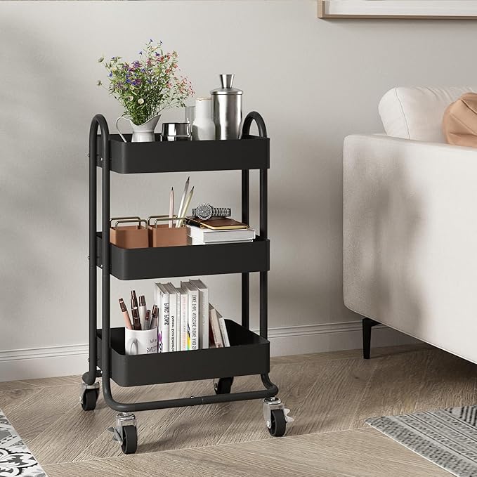 3-Tier Rolling Metal Storage Organizer,Mobile Utility Cart,Kitchen Storage Carts with Caster Wheels,Rolling Utility Cart Suitable for Office,Home,Kitchen,Garden๏ผ13.4"x18.1"x31"๏ผ Black