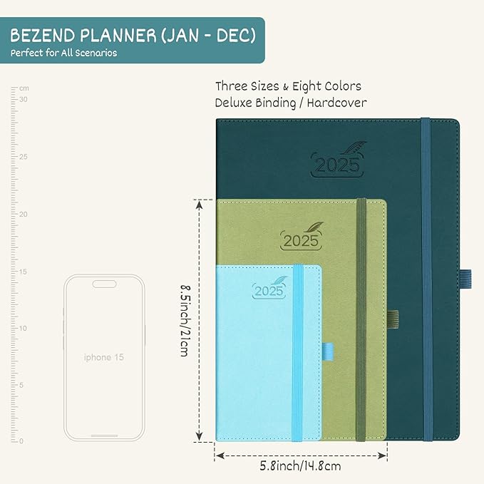 BEZEND 2025 Planner Daily Weekly & Monthly 5.8" x 8.5" (Jan - Dec 2025) Agenda 2025 Vertical Calendar Book with Hourly Schedule, Monthly Tabs, Pen Holder, Vegan Leather Hard Cover - Black