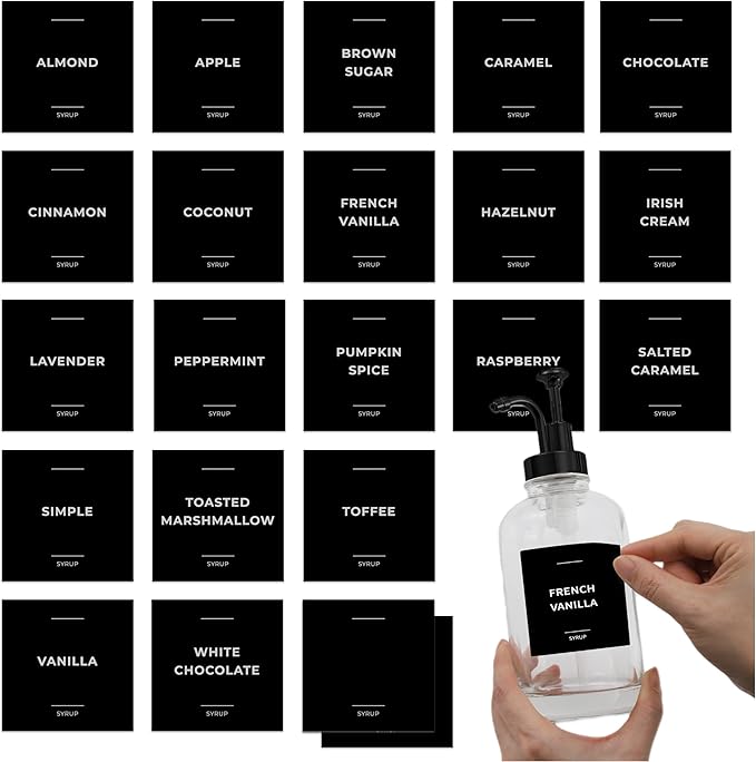 Coffee Syrup Labels for Bottles, Syrup Dispensers - 2.5" x 2.5" Waterproof & Durable PVC Stickers - Modern Coffee Bar Essentials for Home, Kitchen, Beverage Station - Minimalist Black, 22pcs