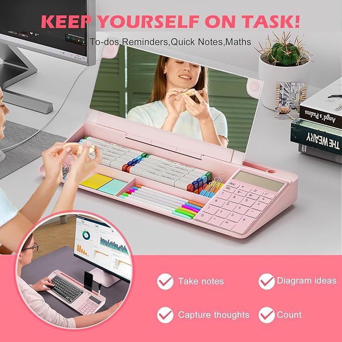 Desktop Glass Whiteboard with Mirror & Calculator(12 Digit LCD Display) & Ruler Marker,Tilted Computer Keyboard Stand with Dry Erase Board Surface, Desk Organizers with Accessories,Pink