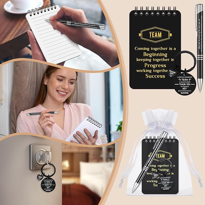 Fulmoon 80 Pcs Employee Appreciation Gifts Set Include Notepad Pen Thank You Keychain Organza Bag, Going Away Retirement Birthday Christmas Team Gift for Member Coworker Staff(Black)