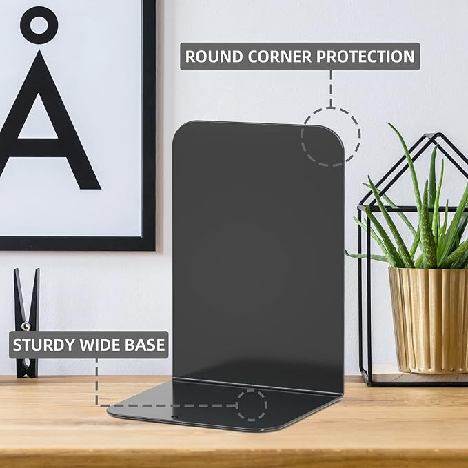 VFINE Bookends, Metal Black Book Ends for Shelves, Bookends for Shelves, Heavy Duty Bookends, Bookend Stopper for Heavy Books, Book Ends to Hold Books for Home Office, 2 Pairs
