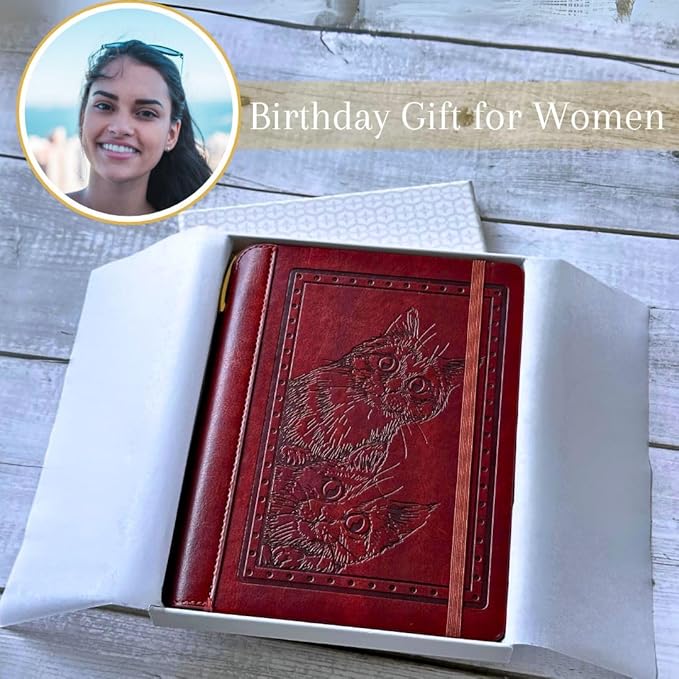 SETTINI® Lined Journal - Cat Journal for Writing Gift Set - Hardcover Vegan Leather, Includes Luxury Pen in a Unique Pen Holder, 192 Pages, 6 x 8.5 inches, Birthday Gifts for Women