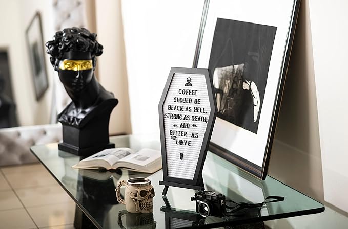 Coffin Letter Board White With Spooky Emojis +500 Characters, and Wooden Stand - 17x10.5 Inches - Gothic Halloween Decor Spooky Gifts Decorations