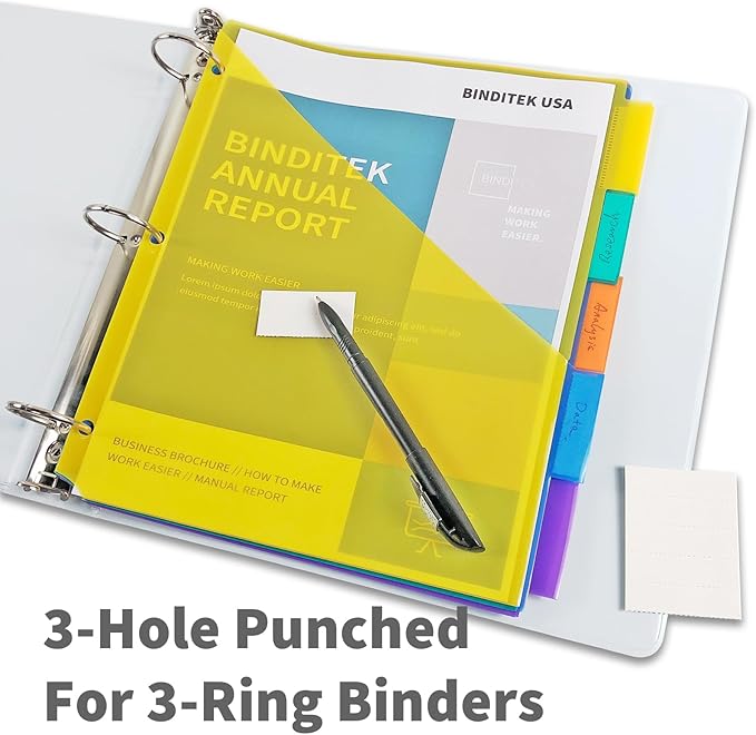 Binditek 12 Set Plastic 5-Tab Binder Dividers with Front Pocket, Tab Insertable Poly Pocket Dividers for 3 Ring Binders, Letter Size, Multicolor, for Students and Coworkers