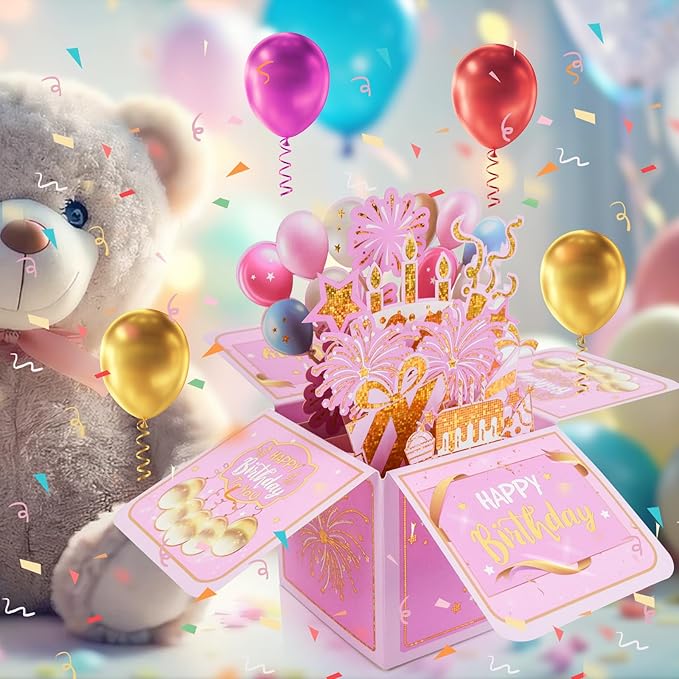 Surprise Pop Up Happy Birthday Cards, Lovely 3D Birthday Card for Adults and Kids with Envelopes, Unique Design Handmade Foldable Greeting Cards for Daughter, Son, Mom, Dad, Friend(Pink)