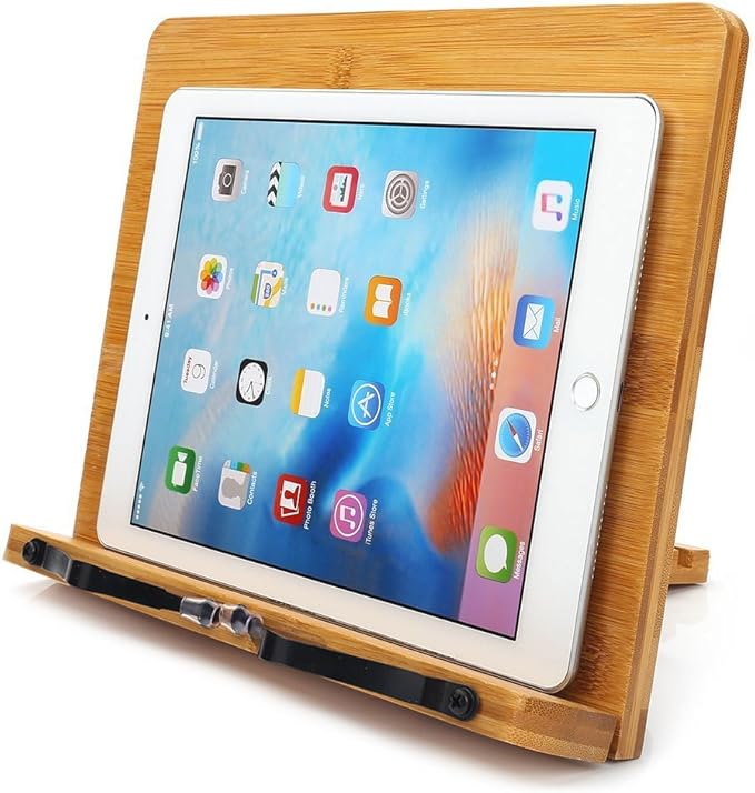 wishacc Bamboo Book Stand Cookbook Holder with 5 Adjustable Height 13.2 x 9.2