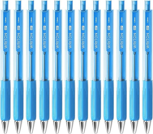 Writon Retractable Ballpoint Pens, Triangle Grip and Barrel, 1.0mm Medium Point, Light Blue Ink, 12 Pack