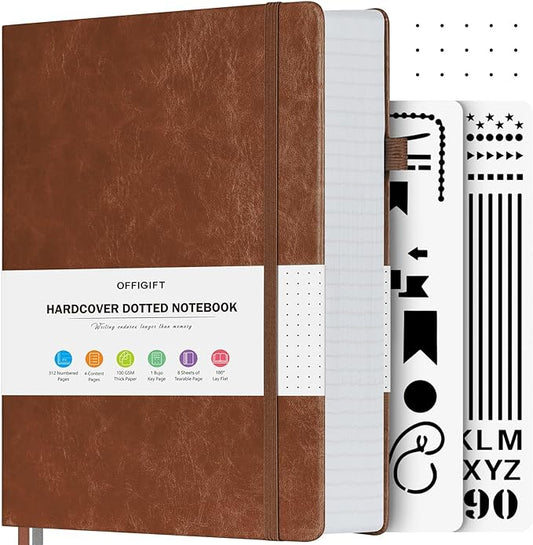 Bullet Dotted Journal Notebook, 312 Numbered Pages A5 Hardcover Dotted Notebooks, 100gsm No Bleed Paper Dot Grid Notebook with Index Pages, Dot Journal for Women Men, 5.75" x 8.38", Brown