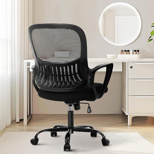 Sweetcrispy Home Office Computer Desk Chair, Ergonomic Managerial Executive Mid-Back Mesh Rolling Work Swivel Chairs with Wheels, Comfortable Lumbar Support, Comfy Arms for Bedroom, Study, Student