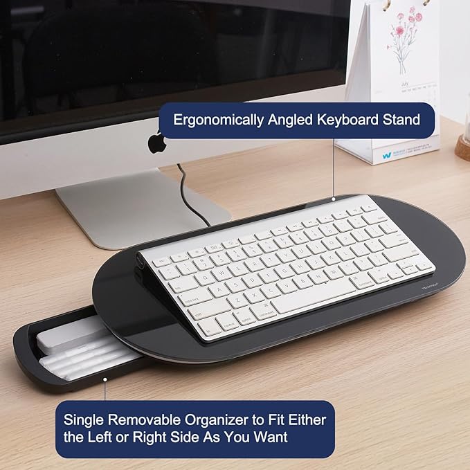 TSJ OFFICE Glass Desktop Whiteboard - 17 X 7 Inches Small Dry Erase Board with Pink Light, Glass White Board Surface Notepad with 1 Drawer, Desk Organizers for Office, Home, School Supplies (Black)