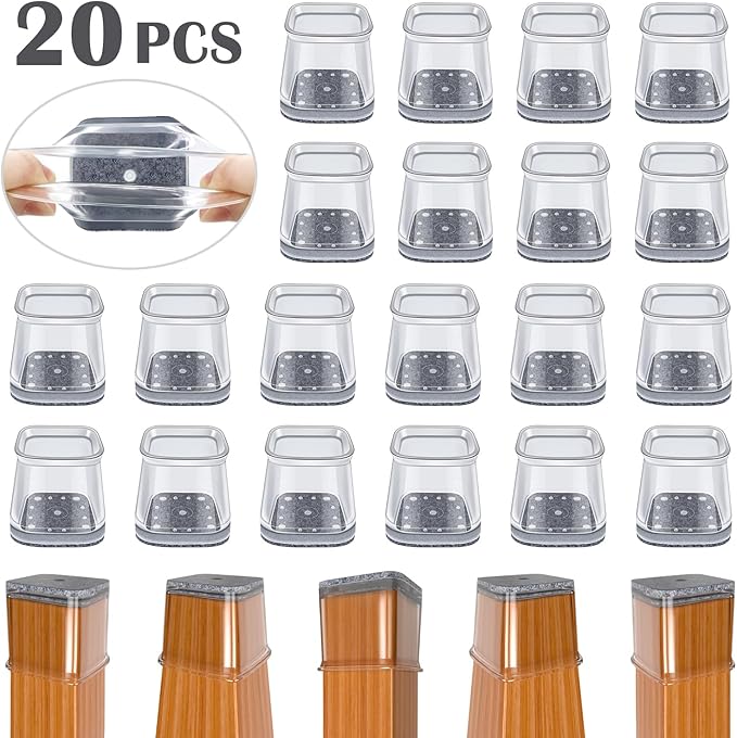 BUMACO Chair Leg Floor Protectors Square Chair Leg Protectors for Hardwood Floors Silicone Pads Covers to Protect Floors(Clear-20 Pcs, Square L (1-1/16" ~ 1-5/8")