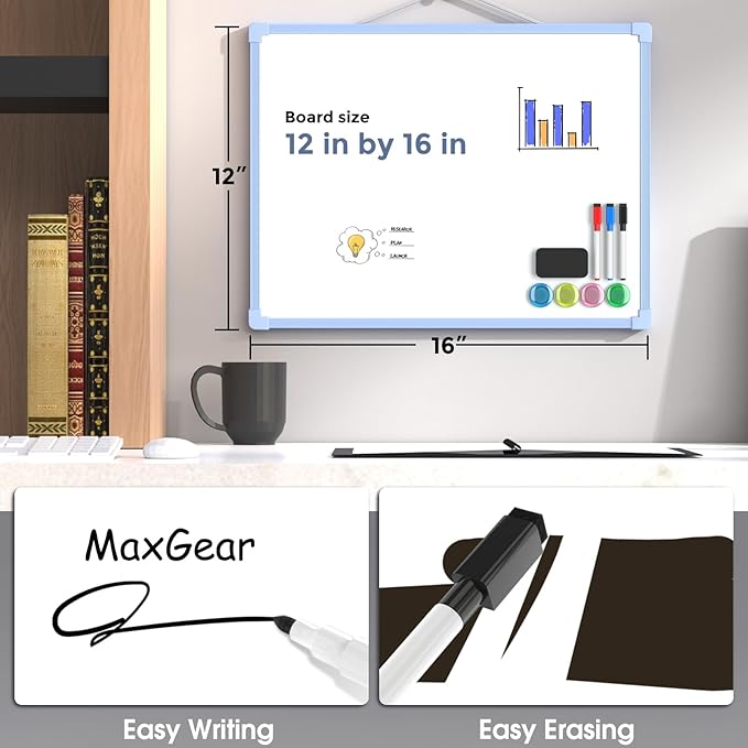MaxGear Double-Sided Dry Erase Board for Wall, 16"x12" Hanging Whiteboard, Small Dry Erase White Board kit, Portable Whiteboard for Students - Planning, Drawing, Memo, to Do List, Blue Frame