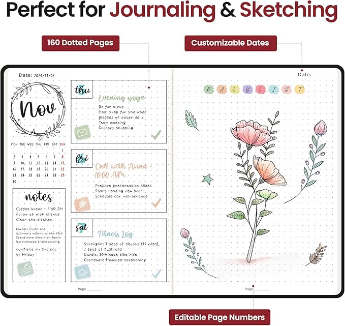 Bullet Dotted Journal Notebook for Women & Men, Hardcover Leather Journal for Writing, A5 Bullet Journaling Notebook for Work & Sketching, Perfect for Office School Home Supplies, 160 Pages, Black