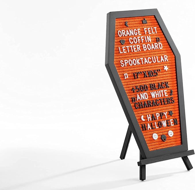 Coffin Letter Board Orange With Spooky Emojis +500 Characters, and Wooden Stand - 17x10.5 Inches - Gothic Halloween Decor Spooky Gifts Decorations