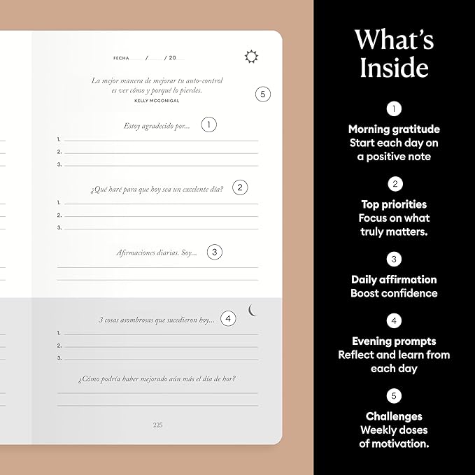 Spanish Five Minute Journal, Original Daily Gratitude Journal, Reflection & Manifestation Journal for Mindfulness, Undated Daily Journal, Plastic-Free - Intelligent Change