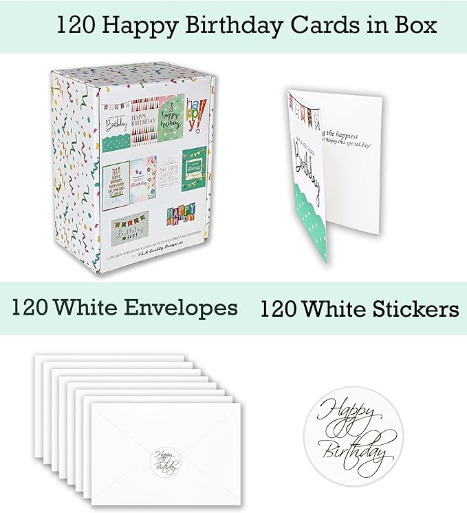 120 Happy Birthday Cards for Office, Business and Personal Use with Short Generic Message Inside, Assorted Greeting Notes Bulk with Envelopes and Stickers 4x6 Inch
