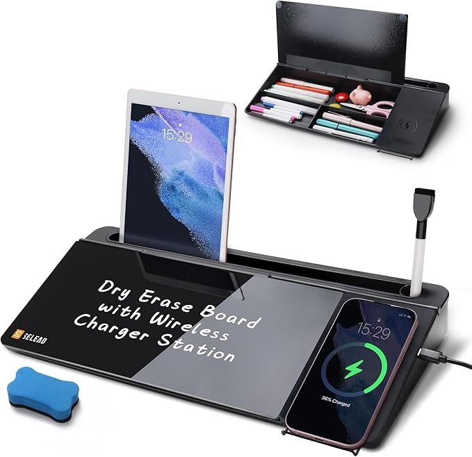 SELEAD Desktop Glass Whiteboard with Wireless Charger Station, Dry Erase Board Computer Pad Keyboard Stand with Organizer for Home, School, Office Desk Accessories, Black