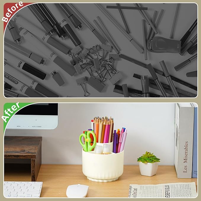 Marbrasse Desk Organizer, 360-Degree Rotating Pen Pencil Holder for Desk, Desk Organizers and Accessories with 5 Compartments Pencil Organizer, Art Supply Storage Box Caddy for Office, Home(Beige)