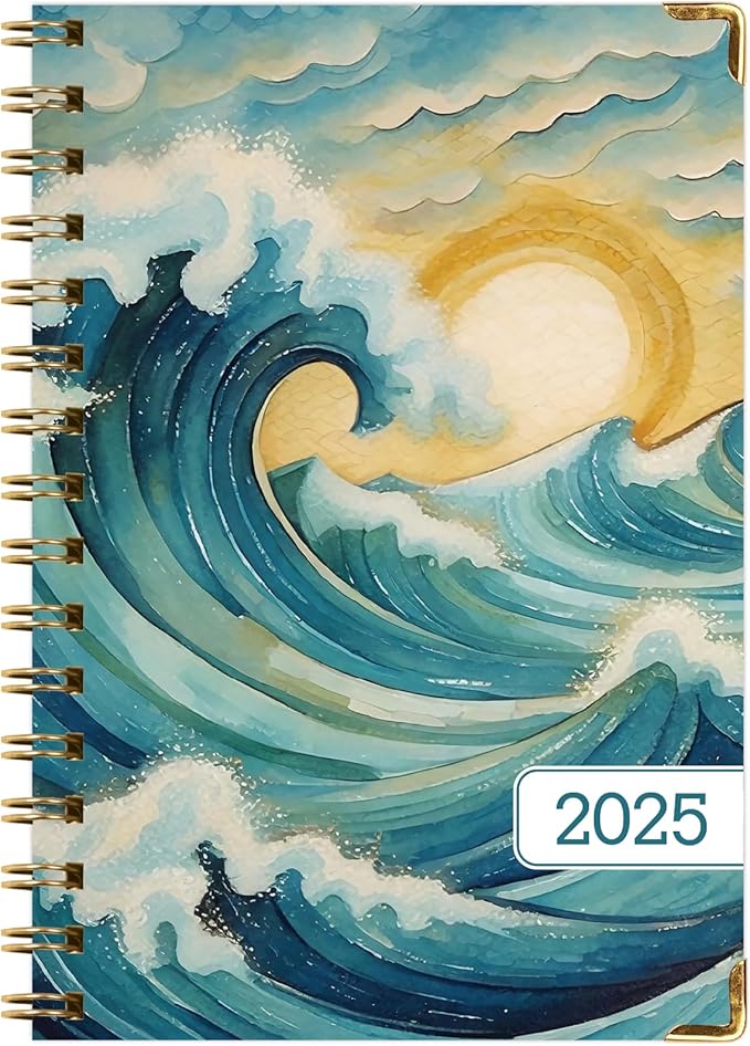 HARDCOVER 2025 Planner, 5.5"x8": 14 Months (November 2024 - December 2025), Daily Weekly Monthly Planner, Yearly Agenda, Bookmark, Pocket Folder and Sticky Note Set (Ocean Waves)