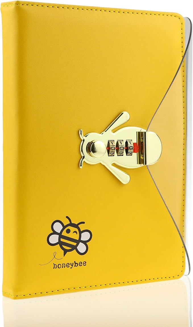 Mazeran Bee Shaped Combination Lock Journal, PU Leather Hard Cover Notebook Cute Diary, Thick A5 Lined Password Locking Personal Planner Secret Organizer Gift for Girls Women Daughter