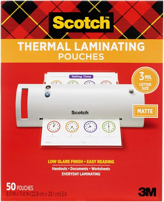 Scotch Matte Thermal Laminating Pouches, Ultra Clear with Matte Finish, Letter Size 8.9 in x 11.4 in, 50-Pack