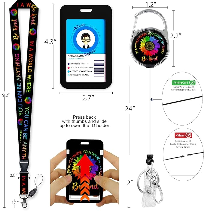 Giancomics Be Kind Lanyards for Id Badges, ID Badge Holder with Lanyard Badge Reel Retractable, Flower Teacher Lanyard with ID Holder Keychain Clip Name Tag ID Card Holder for Women Work Office Gift