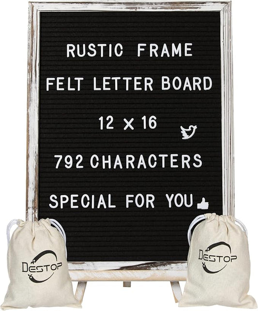 Felt Letter Board with Rustic Vintage Frame and Stand 12x16 inch,Black Changeable Letter and Message Board Includes 792 Letters, Numbers and Symbols, Hook to Hang, 2 Canvas Bags