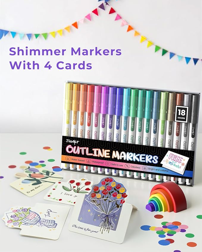 JusArt Outline Markers 18 Colors, Double Line Glitter Markers for Greeting Card Art Crafts, Girls Teens Stocking Stuffers Shimmer Markers, Metallic Sparkle Markers Painting Drawing Supplies