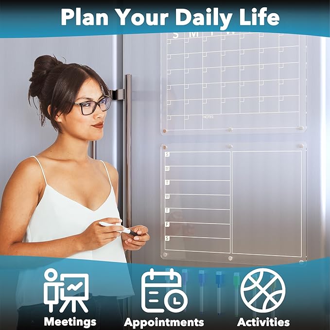 Acrylic Magnetic Dry Erase Board Calendar for Fridge, Clear Monthly and Weekly Meal Planner Whiteboard Refrigerator, Menu Board for Kitchen, w/ 8 Colors Markers, 15"x11"