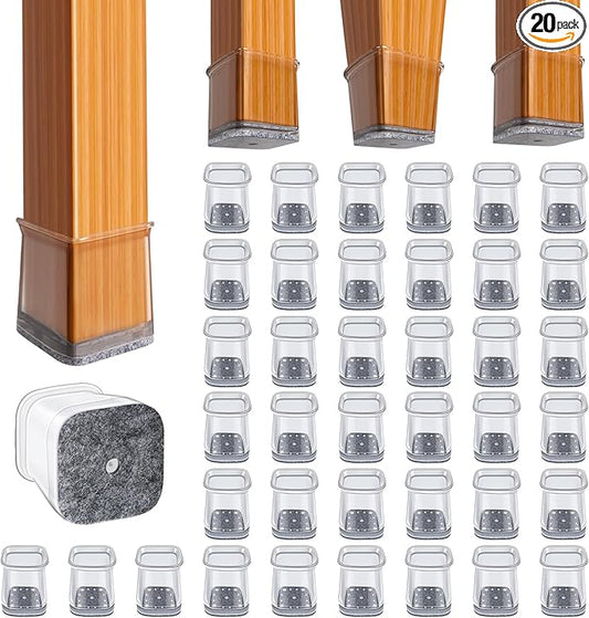BUMACO Chair Leg Floor Protectors Square Chair Leg Protectors for Hardwood Floors Silicone Pads Covers to Protect Floors (Clear-Square S Fit 3/4" ~ 1")