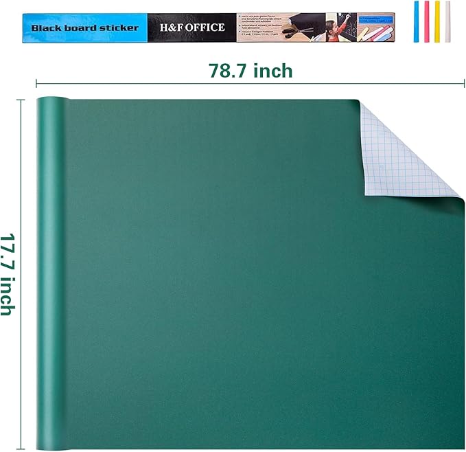 Chalkboard Wallpaper Stick and Peel: Green Contact Paper Classroom Chalkboard Stickers Chalk Board Paint Self Adhesive Wall Paper with 8 Colorful Chalks (17.5 X 78.7 Inches)